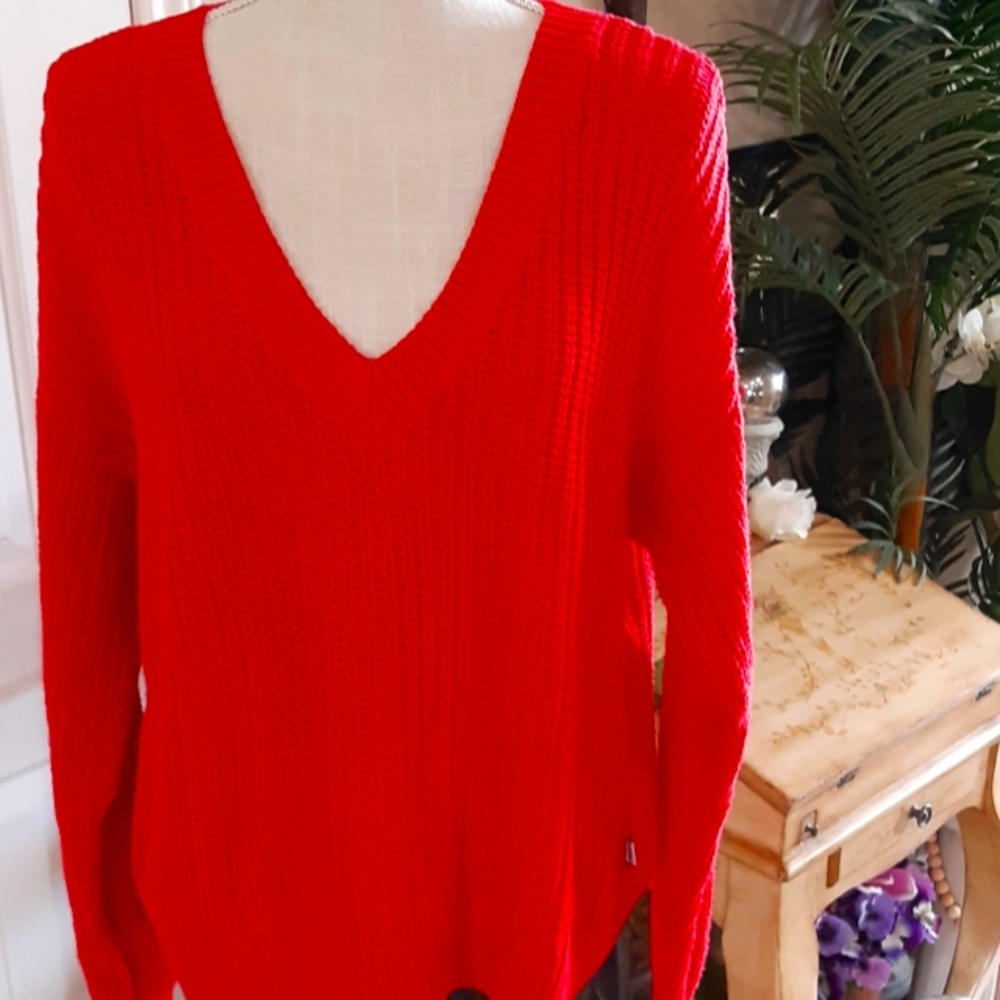 PINK, VICTORIA'S SECRET, Red Cotton Deep V Neck, Size Small